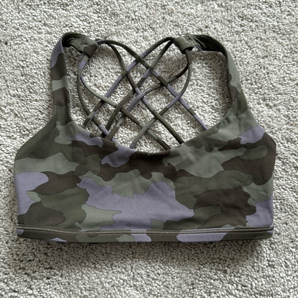 Lululemon Camo Strappy Sports Bra, Purple and Green - Size 6